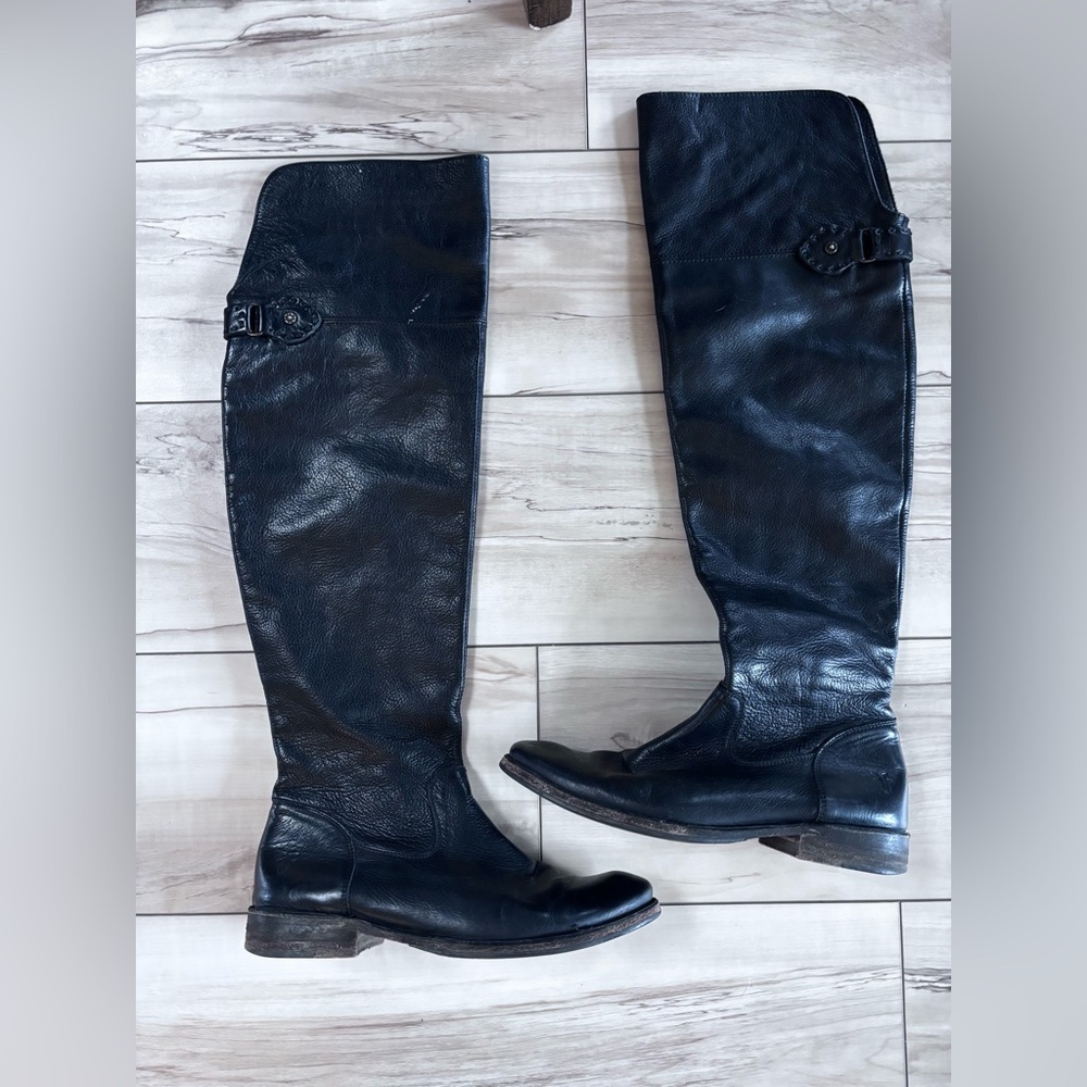 Frye Black Tall Leather Distressed Riding Boots - Picture 2 of 3